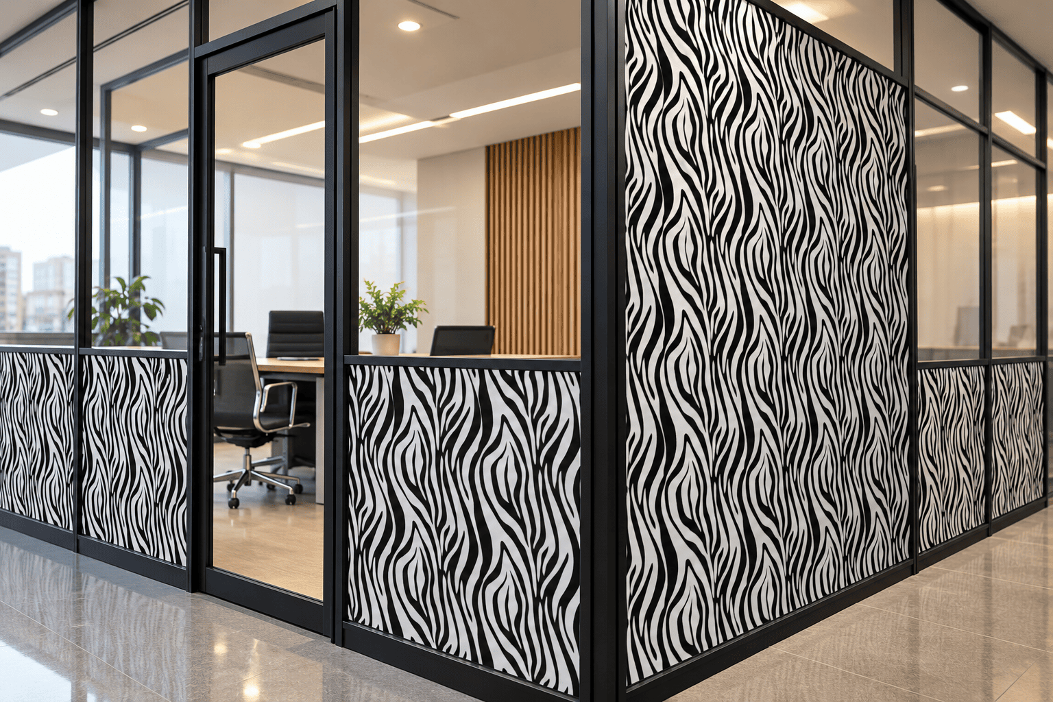Textured and custom PETLAM film on office partitions